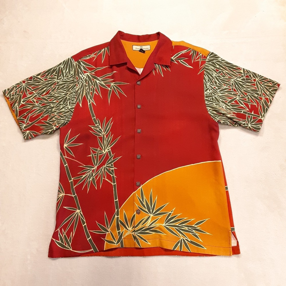 Tommy Bahama Mens Camp Collar Silk Shirt Med. Red/Orange Bamboo Sun Panel Print